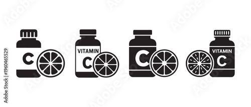 Vitamin C Supplement Bottles and Citrus Fruit Slices Icons on White Background, Minimalist Health Graphic Set.