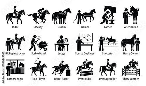 Various equestrian professions and horse riding activities depicted with simple black silhouette stick figures, suitable for educational materials, event promotion, or stable management