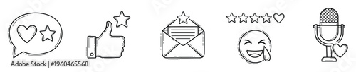 Versatile set of hand drawn communication and social media feedback icons for digital user experience, customer interaction, product reviews, and online engagement.