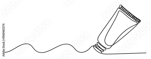 Minimalist one line drawing of a squeeze tube dispensing product, illustrating flow or application for cosmetic, hygiene, or creative concepts.