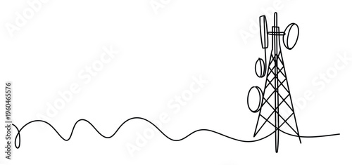 Continuous line drawing of a modern communication tower with various antennas signifying global network connection and advanced mobile technology for telecommunications infrastructure