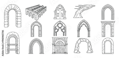 Set of handdrawn outline arches, medieval gates, stone doorways, and ancient building structures perfect for game development, architectural illustrations, or historical design projects.