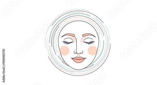Stylized Face Icon with Closed Eyes and Blush Cheeks in Circle