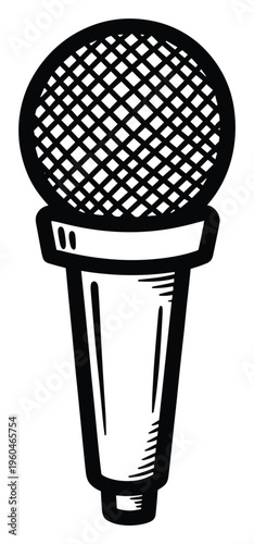 Essential black and white graphic representation of a classic vocal microphone for music production, live performance, broadcasting, podcasting, and sound recording applications.