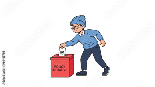 Young person casting a vote into a 'Policy Initiative' box. Flat design illustration for civic engagement.