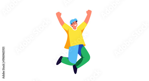Excited Man Jumping with Joy and Arms Raised Up High
