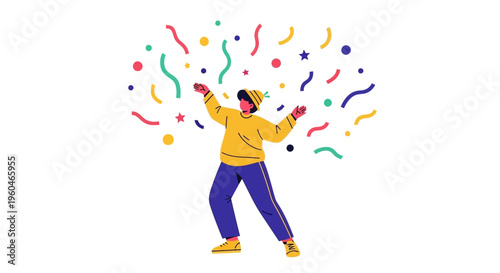 Joyful person celebrating with confetti and streamers, isolated on white background.