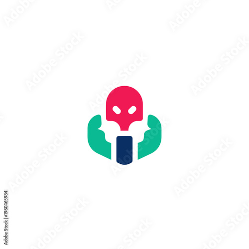 Abstract vector logo featuring a stylized red skull head with strong green bicep arms, symbolizing power, strength, and a formidable character for modern branding.