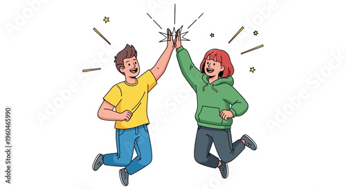 Two friends celebrating success with a high five, jumping and smiling with stars.