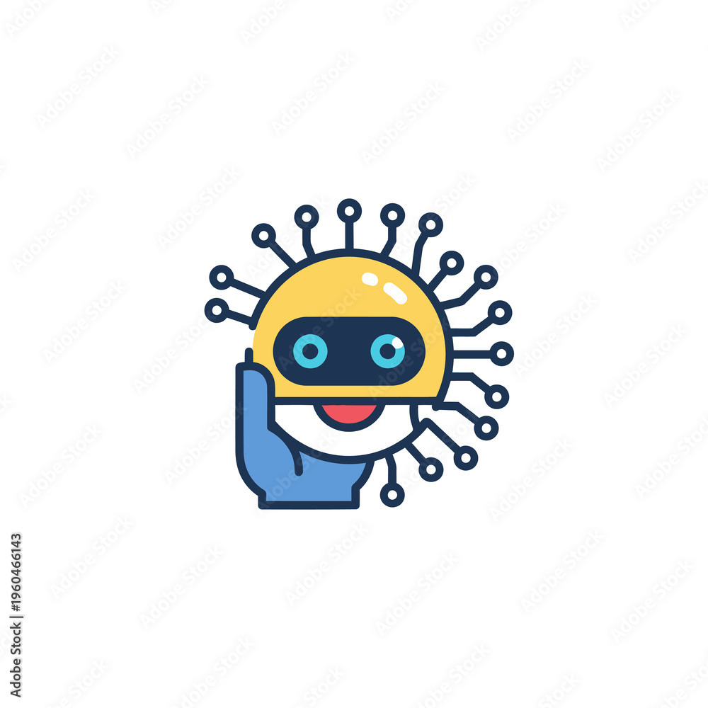 Obraz premium Friendly AI Robot Head Icon with Circuitry Held by a Hand, Symbolizing Digital Assistance, Smart Technology, Innovation, and Future Tech Solutions.