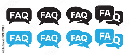 FAQ Speech Bubble Icon Collection. Set of Black and Blue Frequently Asked Questions Symbols for Digital Support and Web Design.