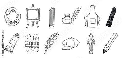 Various essential supplies for artists and illustrators including pencils, paint, and easel, suitable for studio branding or hobbyist project visuals