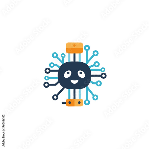 Cute anthropomorphic computer chip character with a happy face, symbolizing technology and innovation in a playful way.