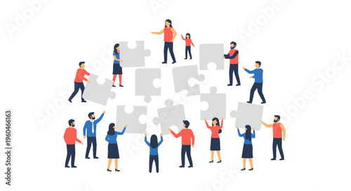 Teamwork concept: diverse people assembling puzzle pieces, collaboration and unity