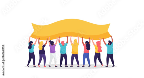 Diverse Group Holding Large Yellow Banner - Unity, Protest, Celebration