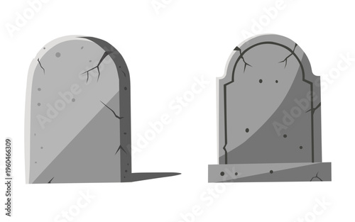 Tombstone gravestone illustration set. Grey cracked granite headstone for cemetery and memorial design. Flat vector cartoon style graveyard stones