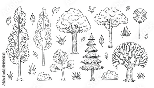 A versatile collection of charming hand drawn trees, various bushes, blades of grass, and a playful lollipop, ideal for childrens coloring books and educational nature themed graphic