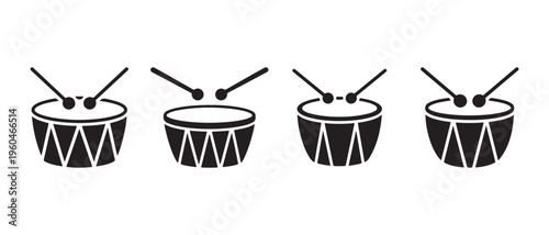 Set of stylized black drum icons with drumsticks, depicting musical percussion and rhythm in a clean vector graphic.