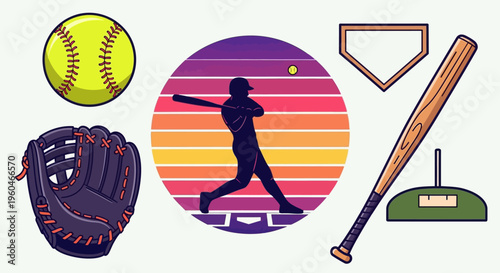 Baseball and Softball Elements: Bat, Ball, Glove, Home Plate, Sunset Graphic