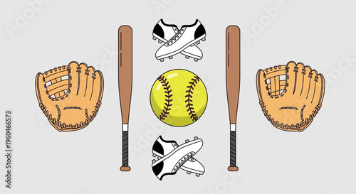 Baseball and Softball Gear: Bats, Gloves, Ball, and Cleats on Gray Background