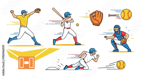 Baseball Players Action: Pitcher, Batter, Catcher, Runner - Dynamic Sports Illustration
