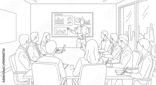 Business meeting: Presentation in conference room with charts and graphs