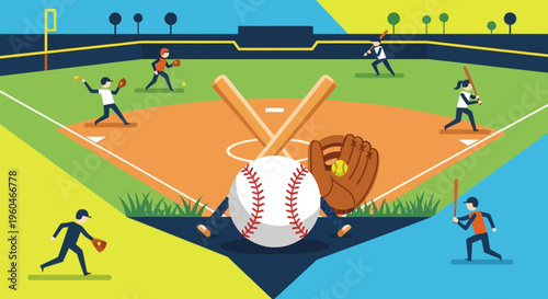 Baseball game illustration: players, field, equipment, and action on colorful background