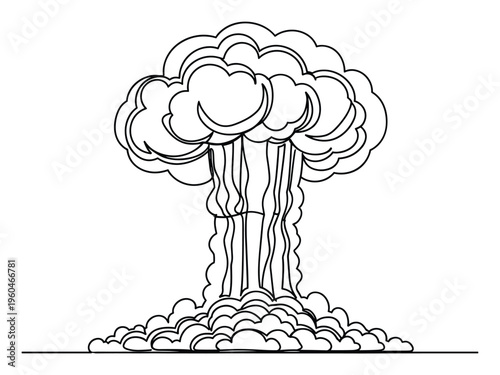 Continuous line drawing of a towering mushroom cloud depicting an explosion, suitable for illustrating themes of destructive power, danger, or significant impact in various media