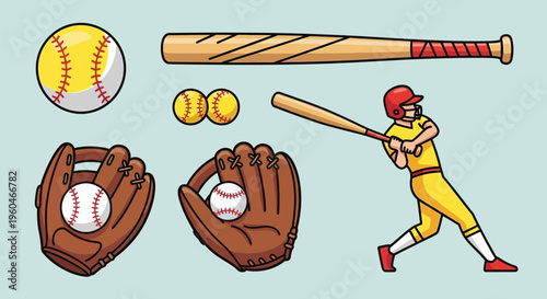 Baseball Equipment and Player Illustration: Bat, Balls, Gloves, and Athlete Swinging