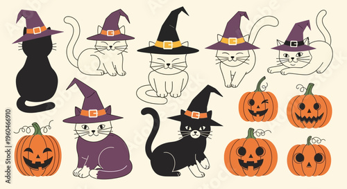 Cute Halloween Cats and Pumpkins with Witch Hats - Vector Illustration