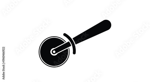A black and white illustration of a pizza cutter on a white background