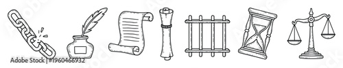 Collection of hand drawn legal symbols and justice concepts featuring broken chain, quill, scroll, prison bars, hourglass, and scales for law related educational projects