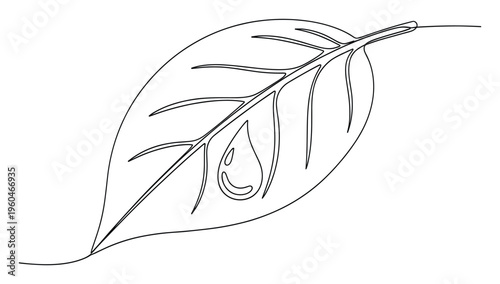 Elegant continuous line drawing of a plant leaf with a clean water drop inside representing nature, organic life, ecology, and hydration, suitable for environmental and healthy living