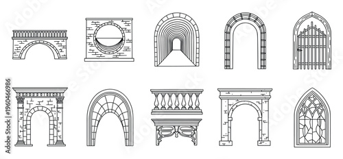 A comprehensive collection of architectural structures featuring various arches, an old stone bridge, decorative balustrades, and a gothic window, suitable for construction or historical