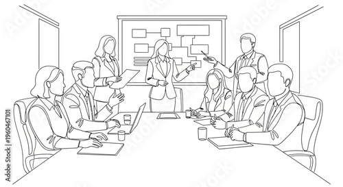 Business meeting with diverse team discussing strategy at conference table with whiteboard presentation