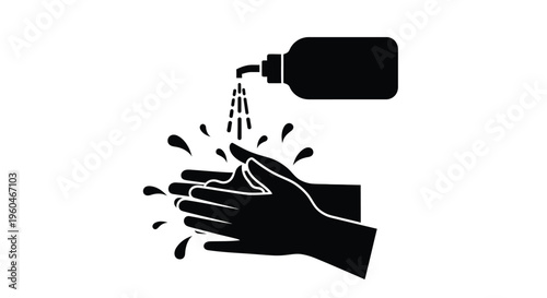 Black and white illustration of hands being washed with liquid soap