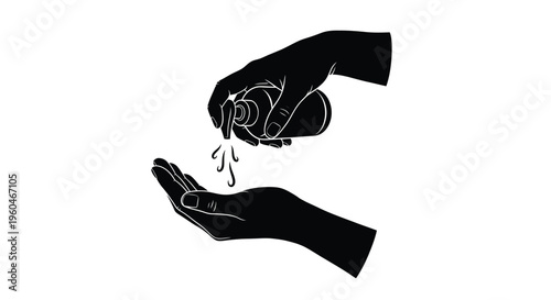 Hands dispensing hand sanitizer a black and white illustration