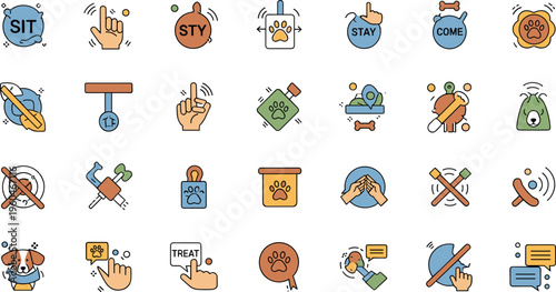 Dog training icons collection with commands behavior obedience symbols pet training tools vector illustration set isolated on white background