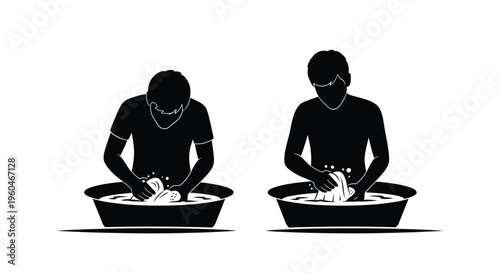 Two men washing hands in basins a black and white silhouette illustration