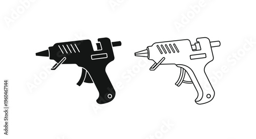 Two hot glue guns depicted in contrasting black and white line art