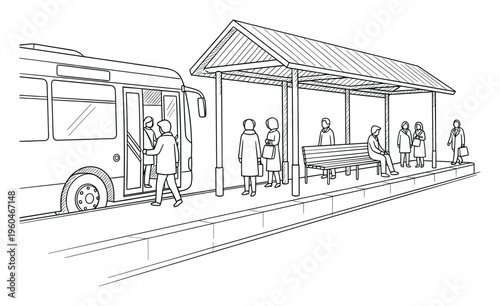 People waiting at a bus stop under a sheltered platform while a public transport vehicle pulls up for passengers to board and disembark during a busy commute