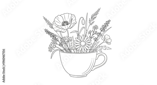 Hand-drawn floral bouquet in a teacup, delicate line art, botanical illustration