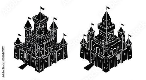 Isometric view of two detailed black and white castle illustrations