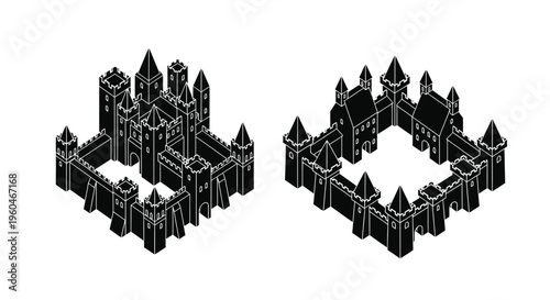 Two isometric castle illustrations in a minimalist black and white style