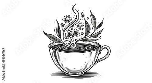 Hand-drawn illustration of steaming herbal tea with blooming flowers and leaves in a cup.