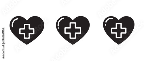 Minimalist medical heart icons with crosses, representing health, care, and wellness on white background.
