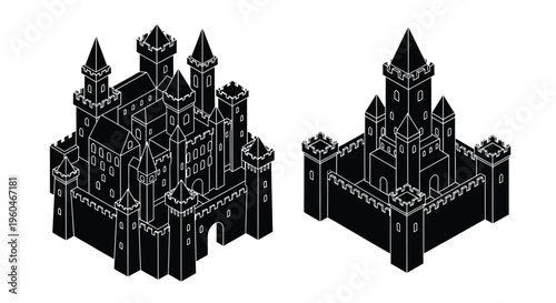 Isometric illustration of two detailed medieval castles in black and white