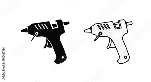 Two depictions of a hot glue gun solid black and checkered outline