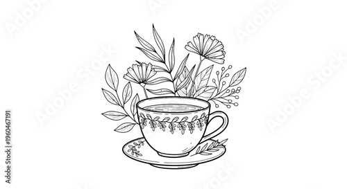 Hand-drawn tea cup with floral arrangement, vintage sketch style, black and white