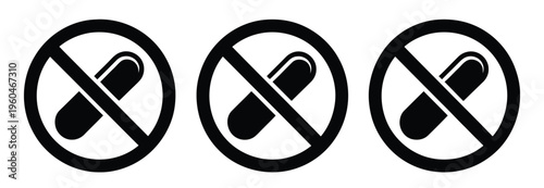 Pill forbidden icon collection, crossed-out tablet symbol, no medication sign, drug restriction warning, and medical safety concept vector